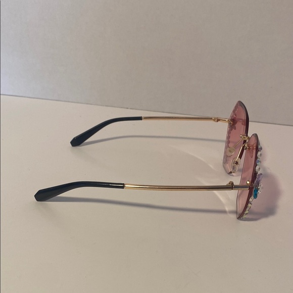 Pink Geometric Rimless Sunglasses with Crystal Embellishments - Picture 2 of 3